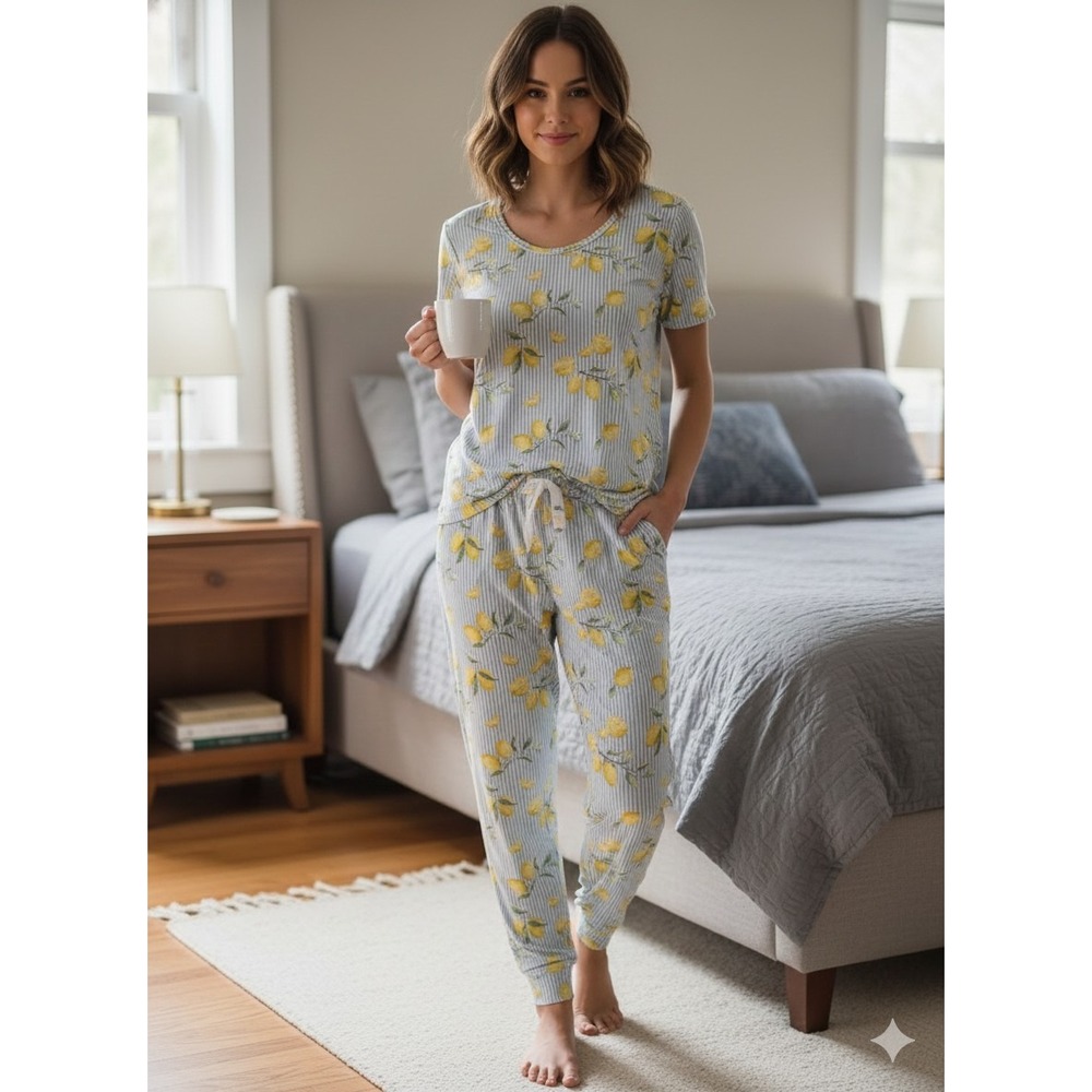 Honeydew Intimates Women's Small Lemon Stripe Pajama Set Rayon Loungewear Cozy